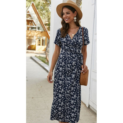 Damen Maxikleid Floralmuster Wickeldesign V-Ausschnitt