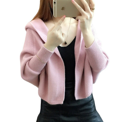 Damen Strickjacke Leicht Kapuze Beige