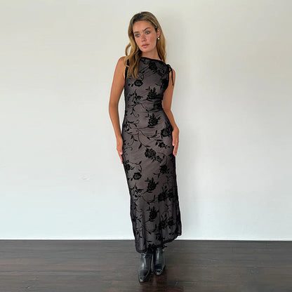 Damen Maxikleid Ärmellos Florales Muster Spitze Norvielle
