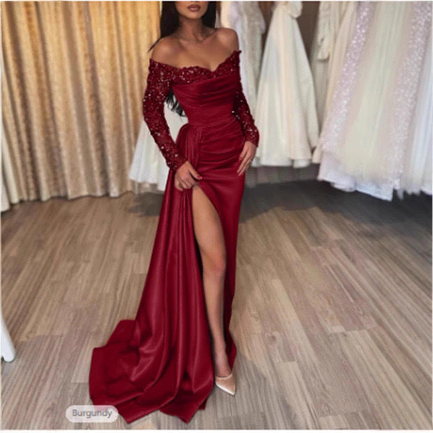 Damen Elegantes Ballkleid Schimmerndes Oberteil Bestickte Ärmel