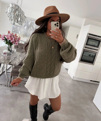 Damen Pullover Grobstrick Voluminöse Ärmel Zopfmuster Beige