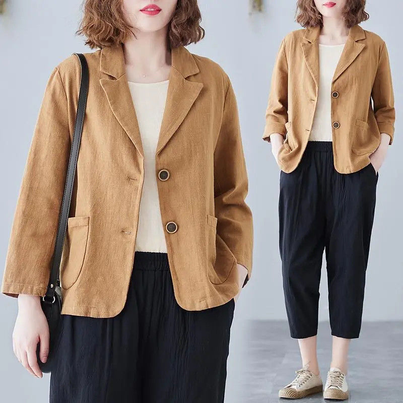 Damen Leinenblazer Lässig Kontrastknöpfe Beige