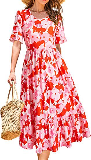 Damen Midikleid Floralmuster Volantabschluss