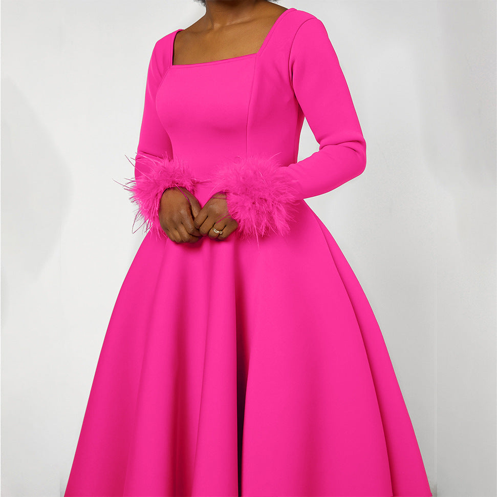 Damen Kleid Quadratischer Ausschnitt Fuchsfell Ärmel