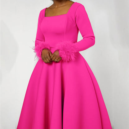 Damen Kleid Quadratischer Ausschnitt Fuchsfell Ärmel