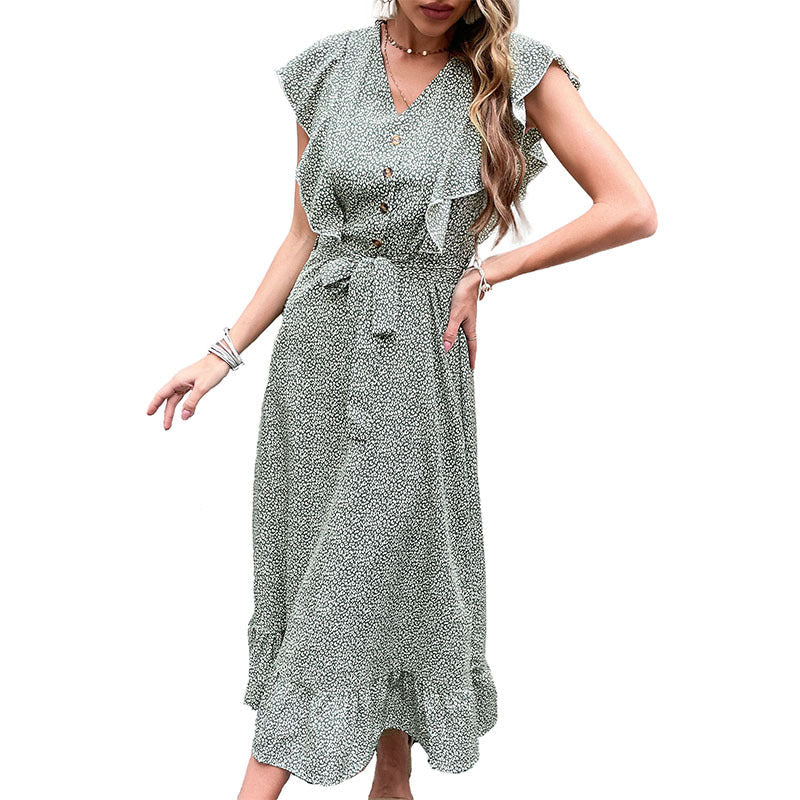 Damen Midi-Kleid Rüschendetails Taillengürtel