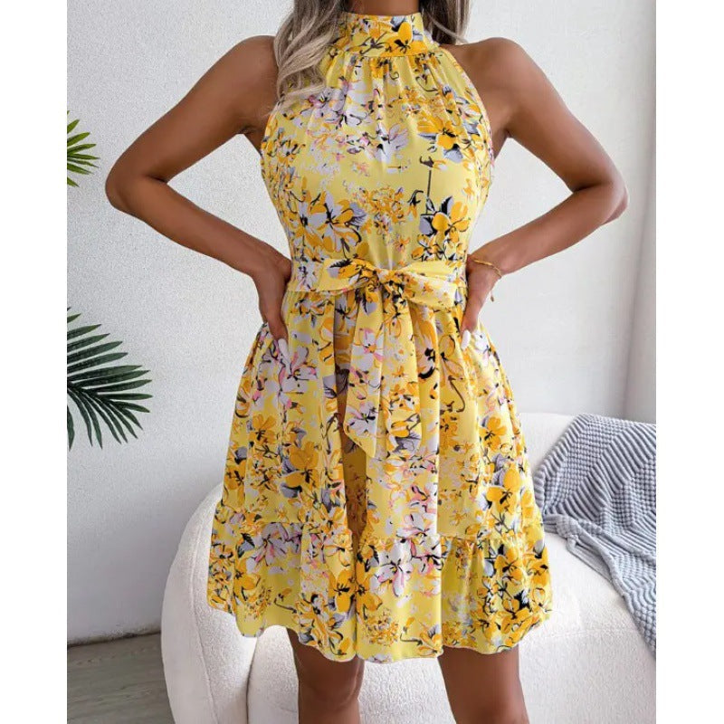 Damen Halterkleid mit Blumenmuster Voluminöser Rock