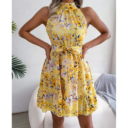 Damen Halterkleid mit Blumenmuster Voluminöser Rock