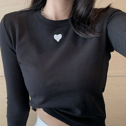Damen Basic-T-Shirt Langarm Herz-Detail Weiß