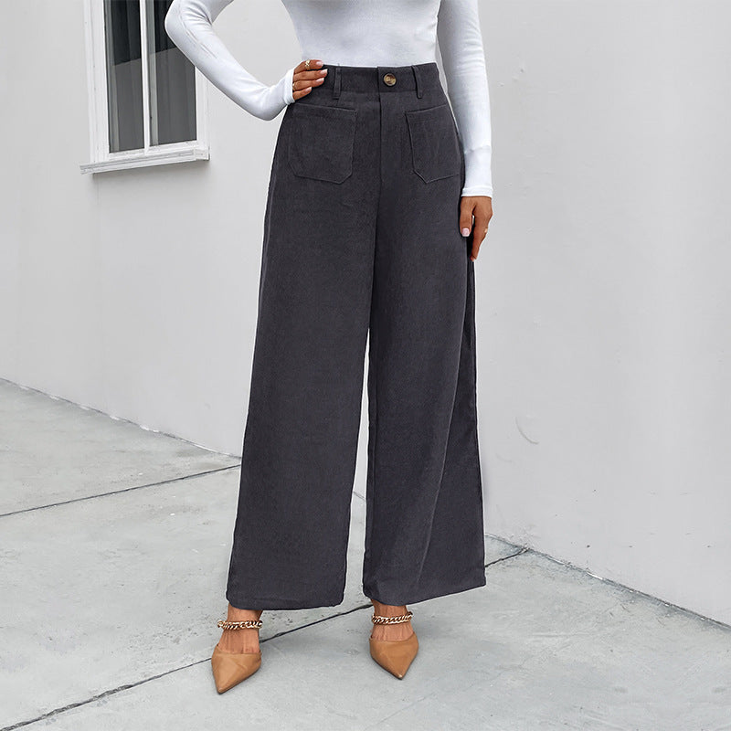 Damen Weite Hochtaillierte Hose mit Taschen und Knöpfen Schwarz - Norvielle