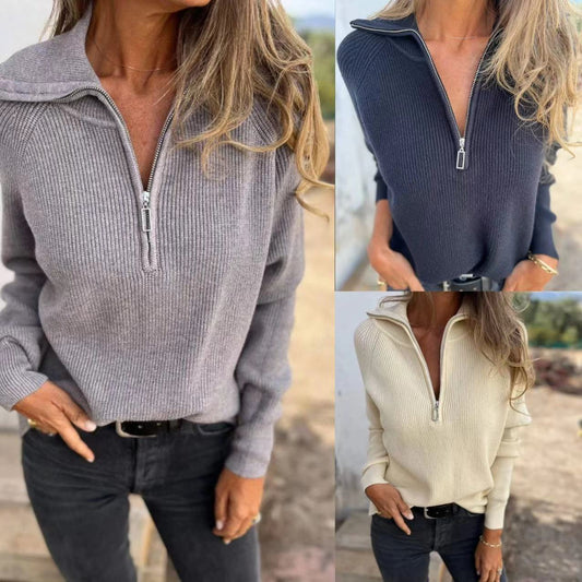 Damen Strickpullover Halb-Reißverschluss Rippstruktur Norvielle - Norvielle