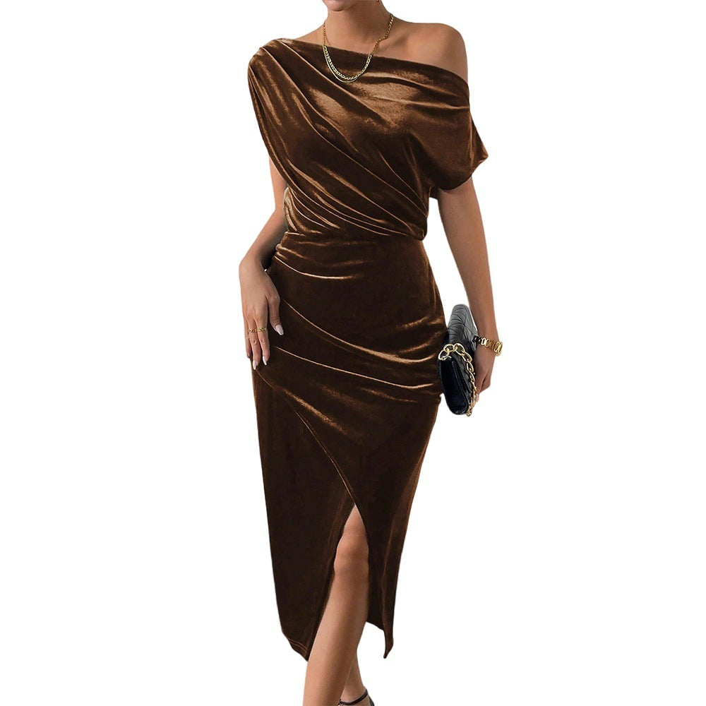 Damen Maxikleid Schulterfrei Samt