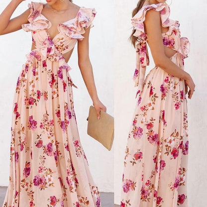 Damen Maxikleid Rüschendetails Florales Design Norvielle - Norvielle
