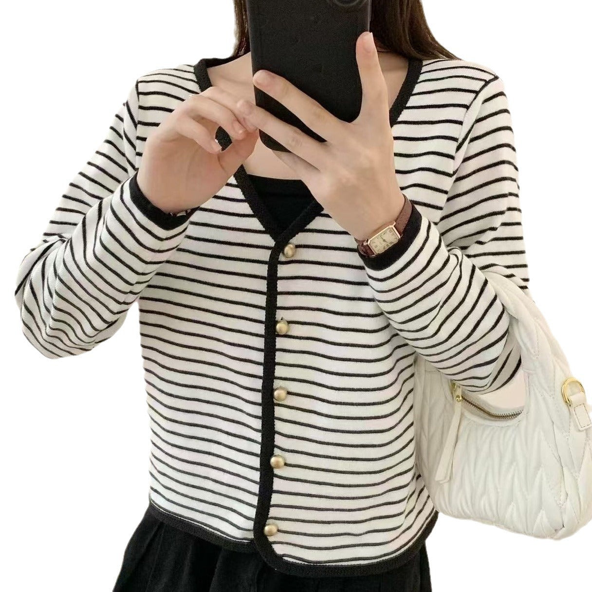 Damen Cardigan Streifen V-Ausschnitt Elegante Knöpfe
