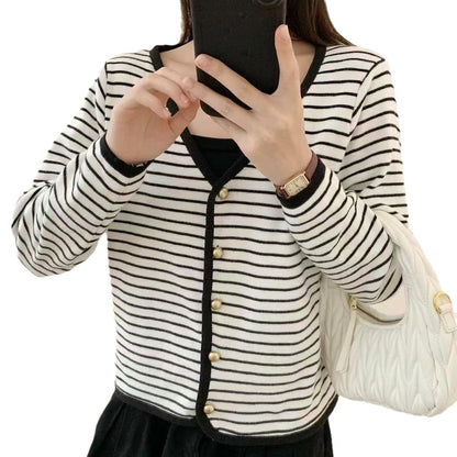 Damen Cardigan Streifen V-Ausschnitt Elegante Knöpfe