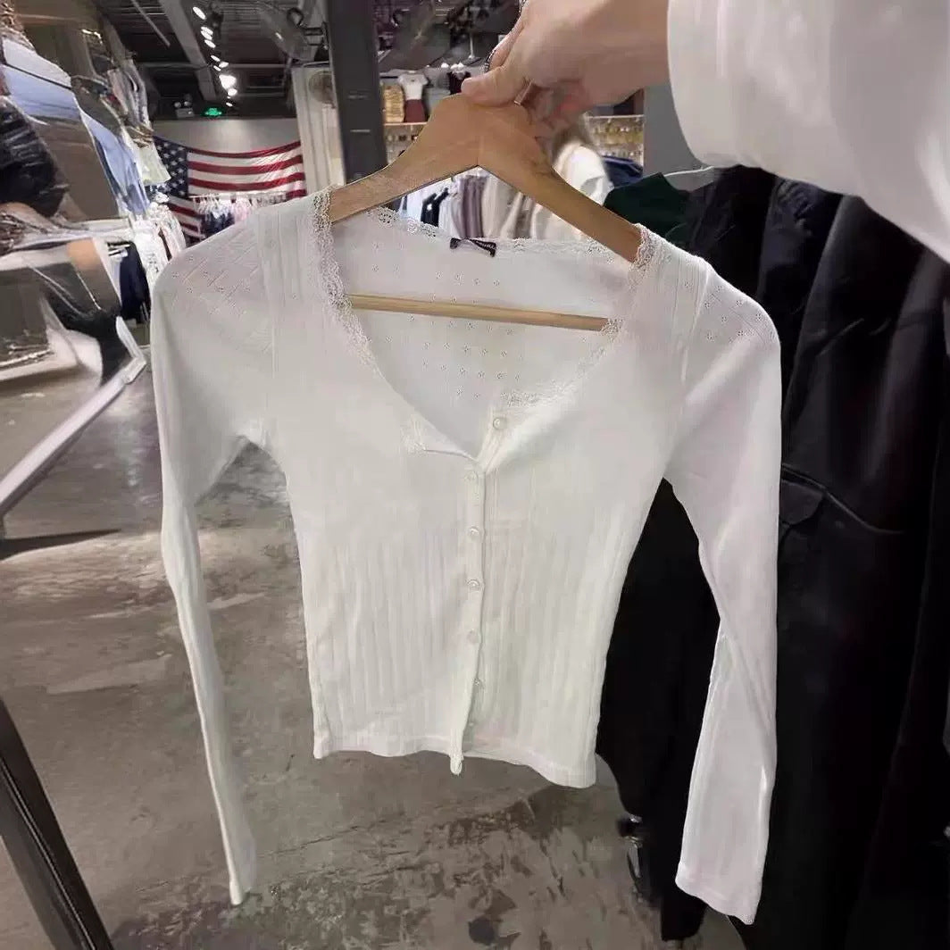Damen Langarmshirt Spitzenverzierung Fein Norvielle
