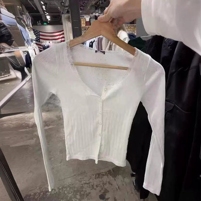 Damen Langarmshirt Spitzenverzierung Fein Norvielle