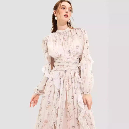 Damen Midi-Kleid Florale Stickerei Rüschensaum Norvielle - Norvielle