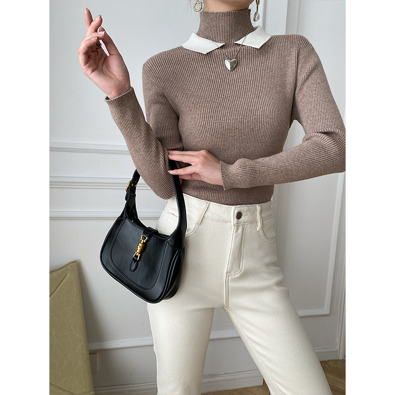 Damen Strickpullover Stehkragen Kontrastkragen Norvielle