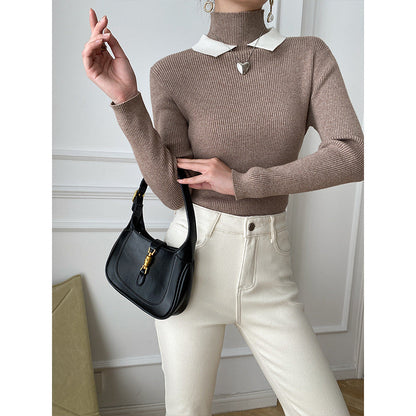 Damen Strickpullover Stehkragen Kontrastkragen Norvielle
