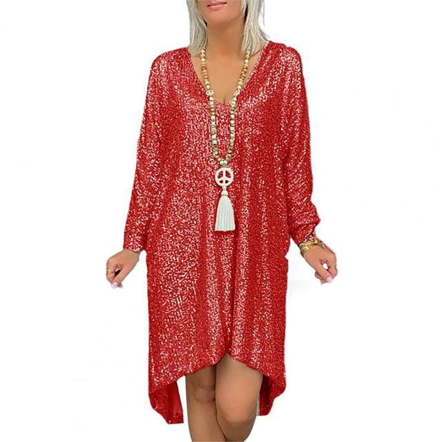 Damen Oversized Kleid V-Ausschnitt Länge Lang Ärmel Glitzernd