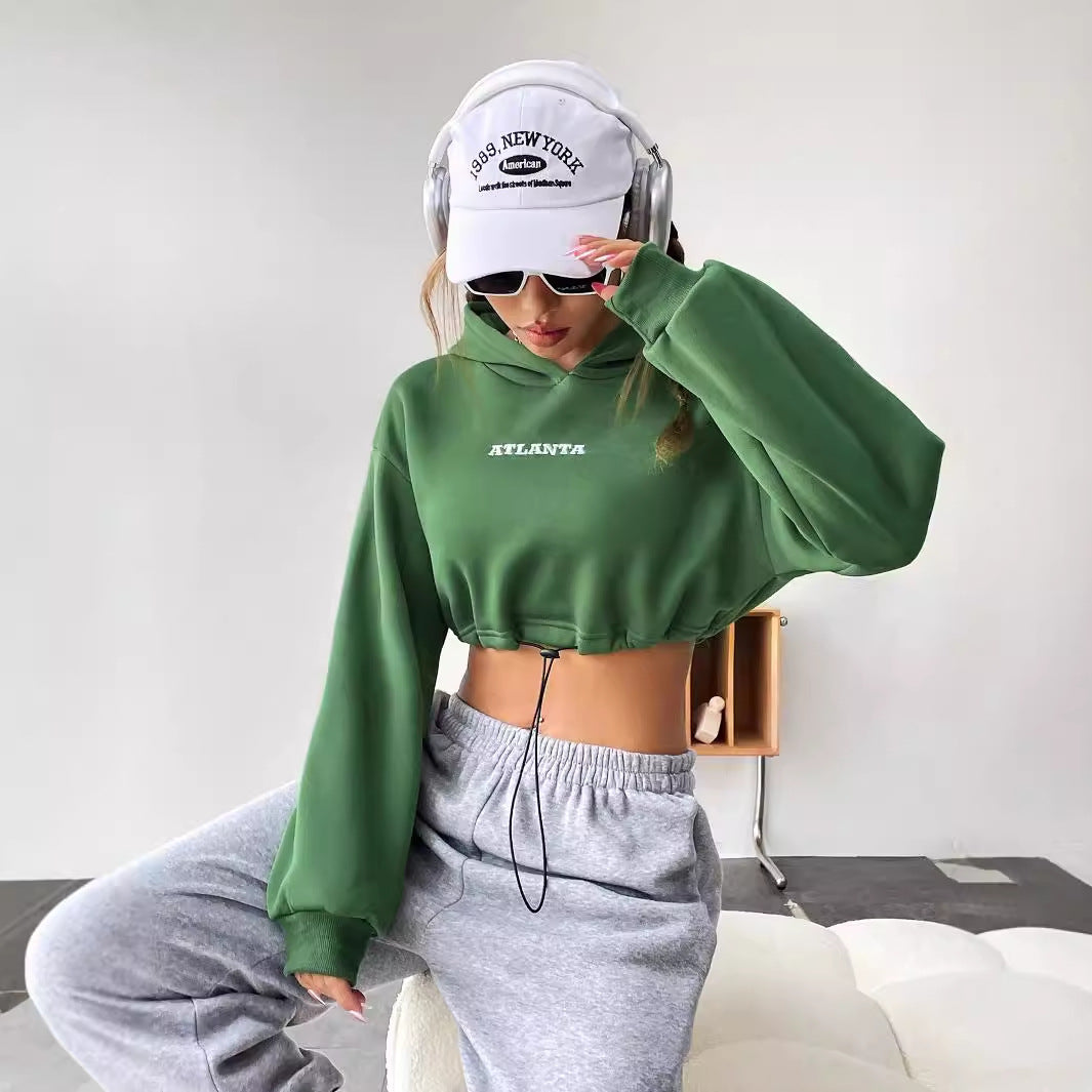 Damen Cropped Hoodie Gestickter Schriftzug Kordelzug Norvielle - Norvielle