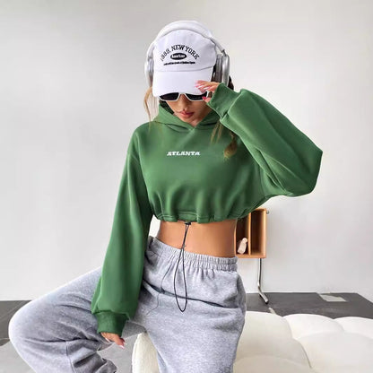 Damen Cropped Hoodie Gestickter Schriftzug Kordelzug Norvielle - Norvielle