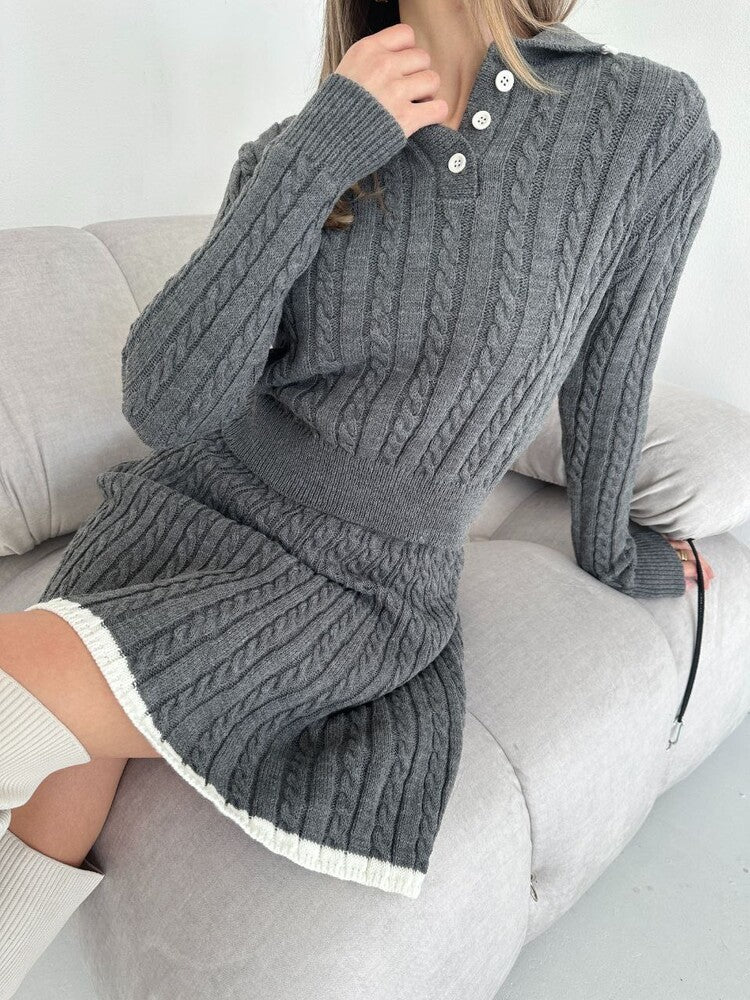 Damen Strickkleid Polo-Kragen Zopfmuster Norvielle