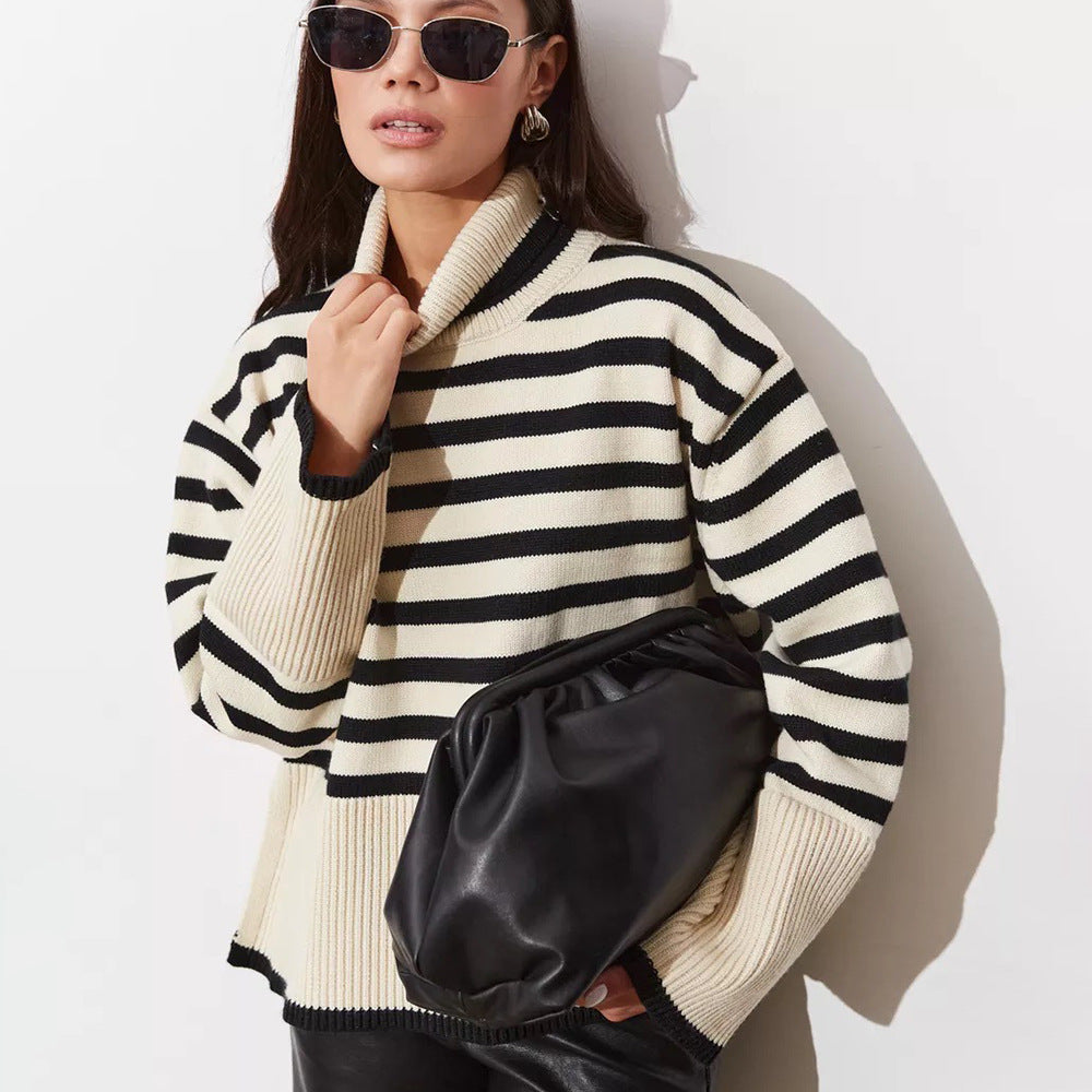 Damen Pullover Grob gestrickt Breton Streifen Hochkragen Beige