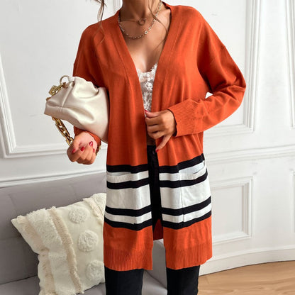 Damen Strickjacke Streifenmuster Taschen Norvielle
