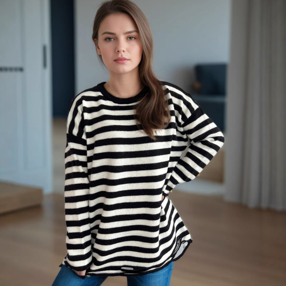 Damen Oversized-Pullover aus Strickstoff mit lässigem Streifenmuster
