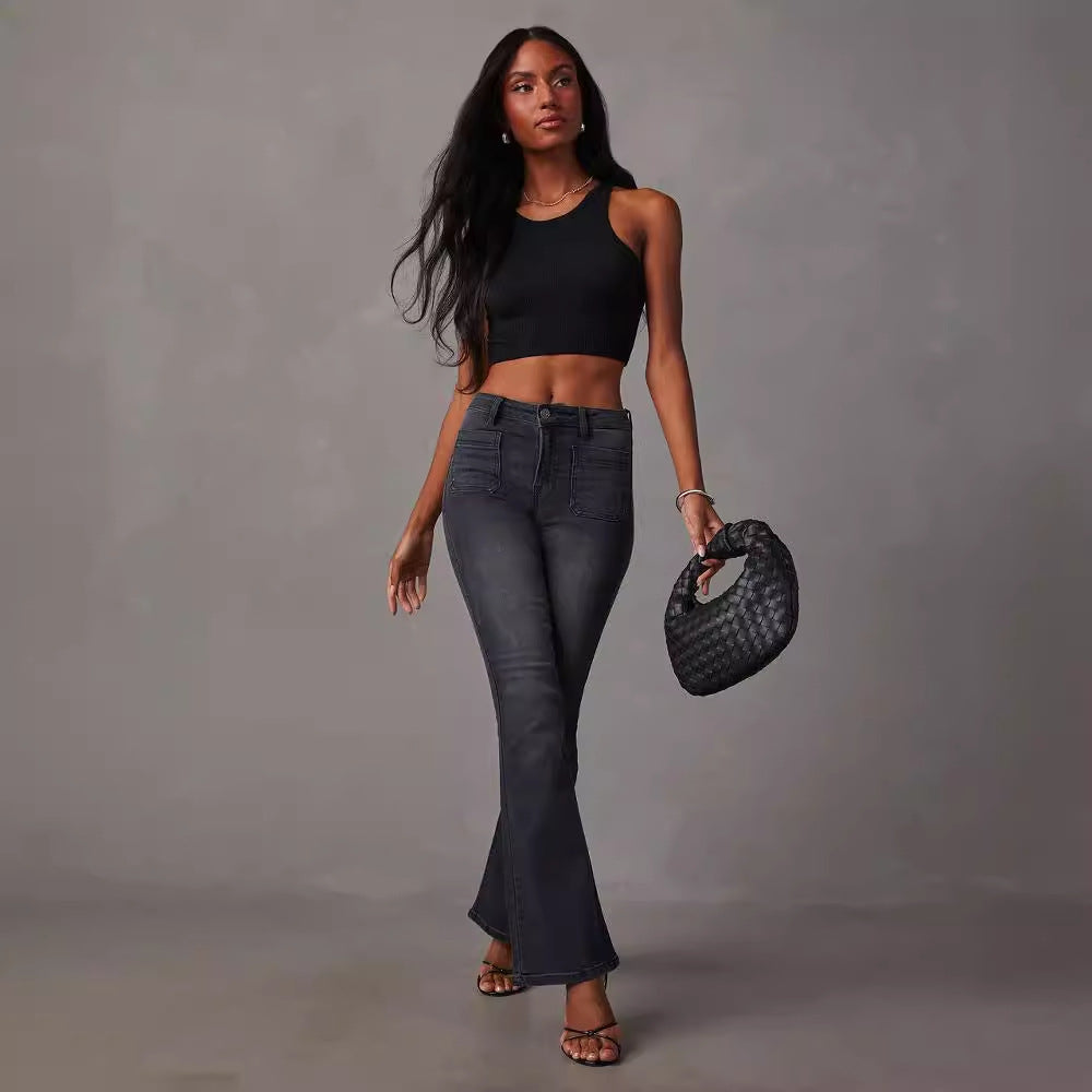 Damen Hochtaillierte Flare Jeans Stretch