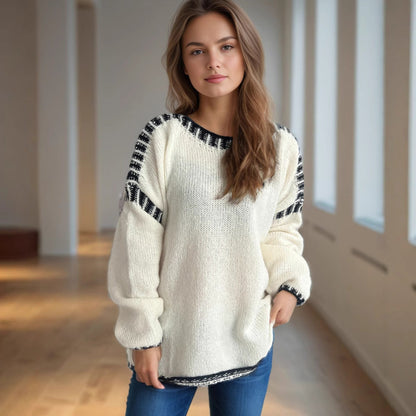 Damen Grobstrickpullover Lässiger Schnitt Gestreifte Ärmel Norvielle