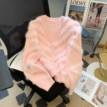 Damen Flauschiger Cardigan mit Perlen - Norvielle