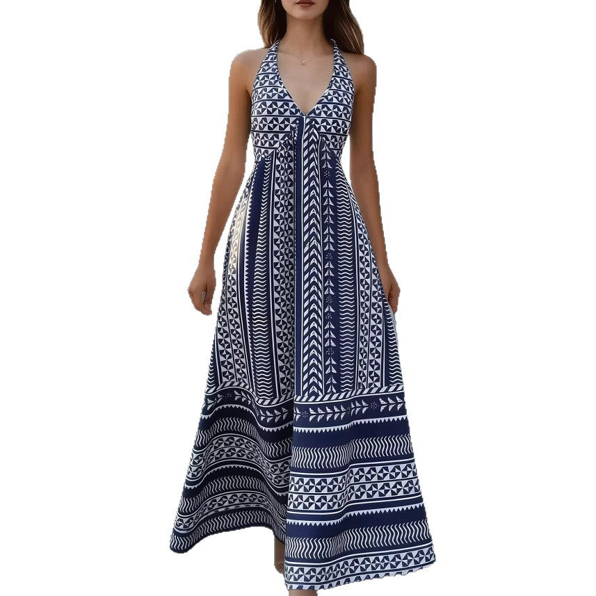 Damen Maxikleid Geometrisches Muster V-Ausschnitt Norvielle