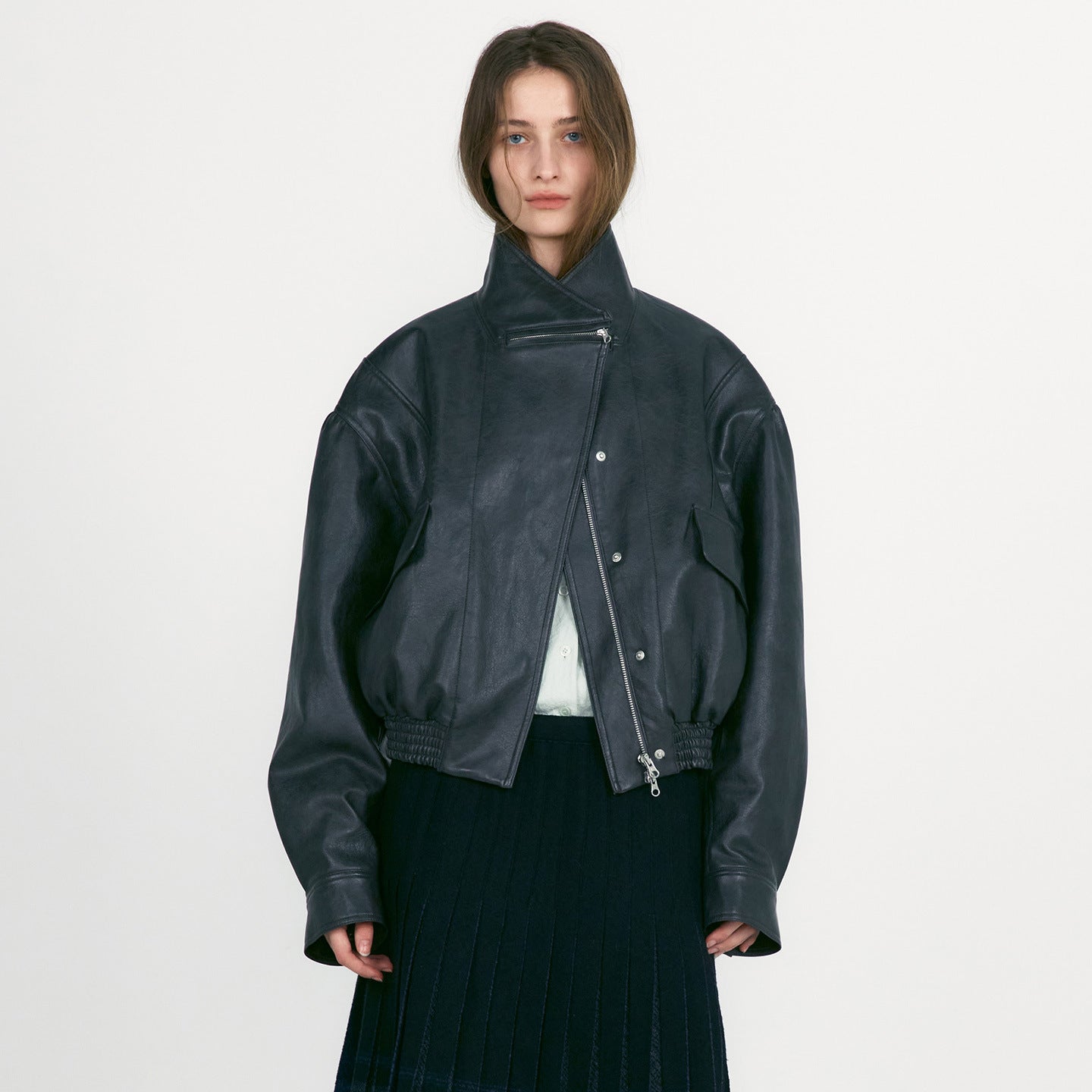 Damen Lederjacke Oversized Praktische Taschen Norvielle