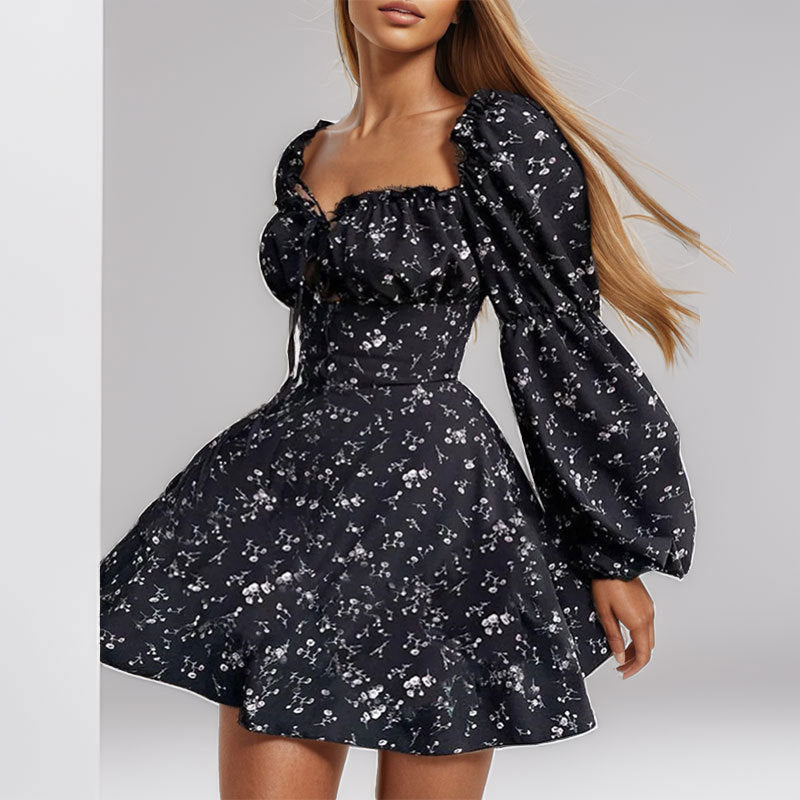 Damen Minikleid Puffärmel Bindedetail