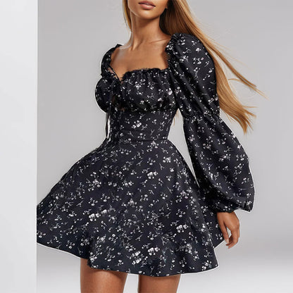 Damen Minikleid Puffärmel Bindedetail