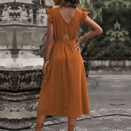 Damen Maxikleid V-Ausschnitt Taillengürtel Norvielle