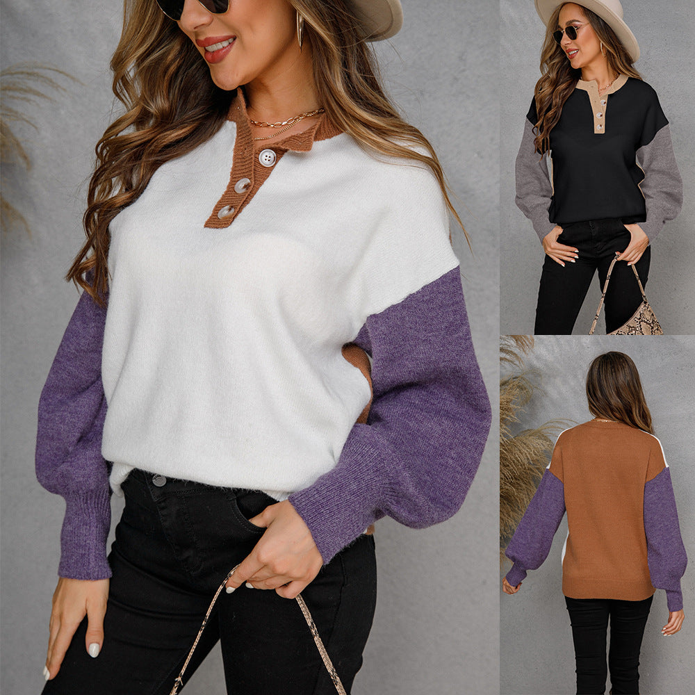 Damen Pullover mit Knopfleiste Kontrastärmel Norvielle - Norvielle