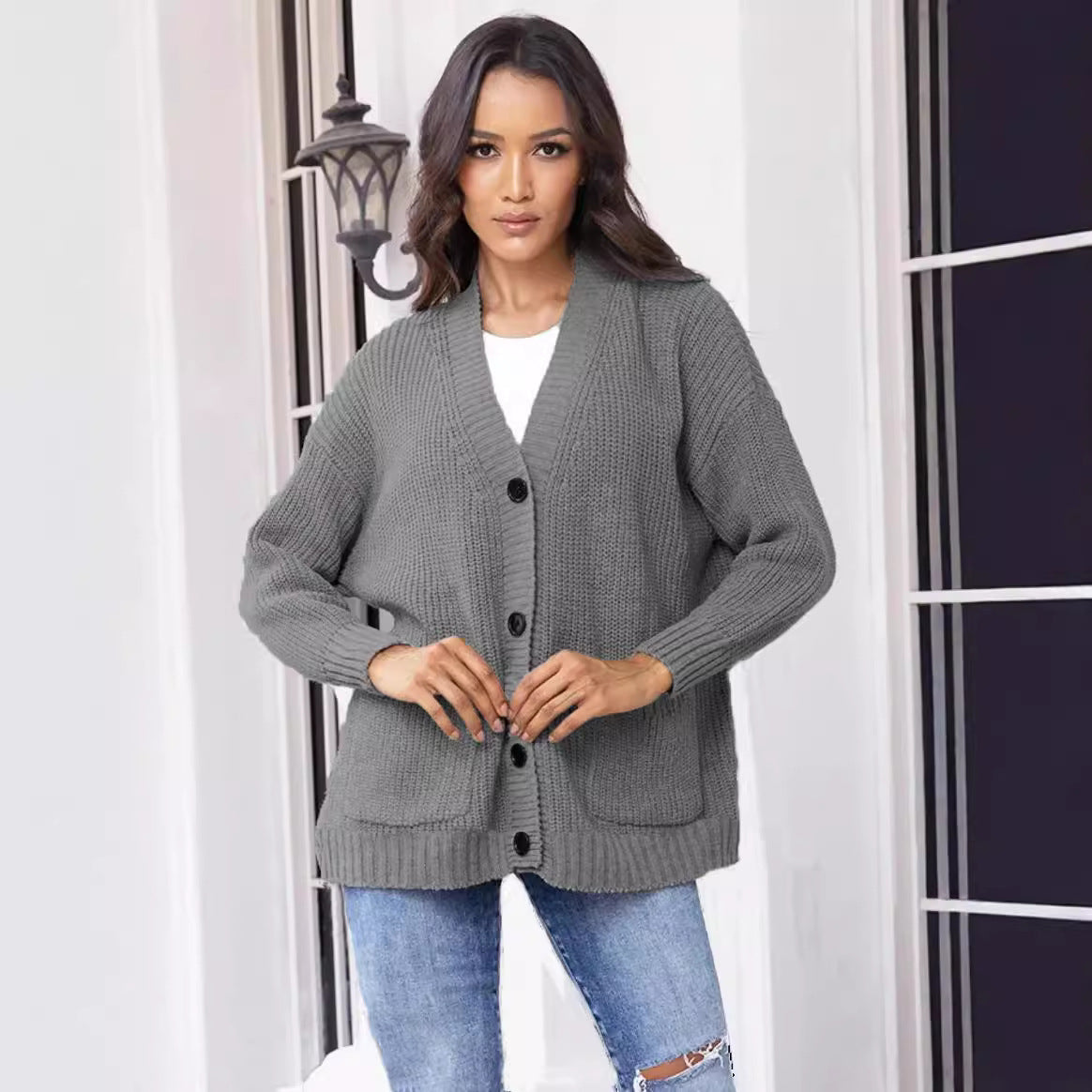 Damen Cardigan Grobstrick Mit Taschen V-Ausschnitt Beige