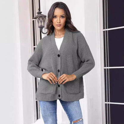 Damen Cardigan Grobstrick Mit Taschen V-Ausschnitt Beige