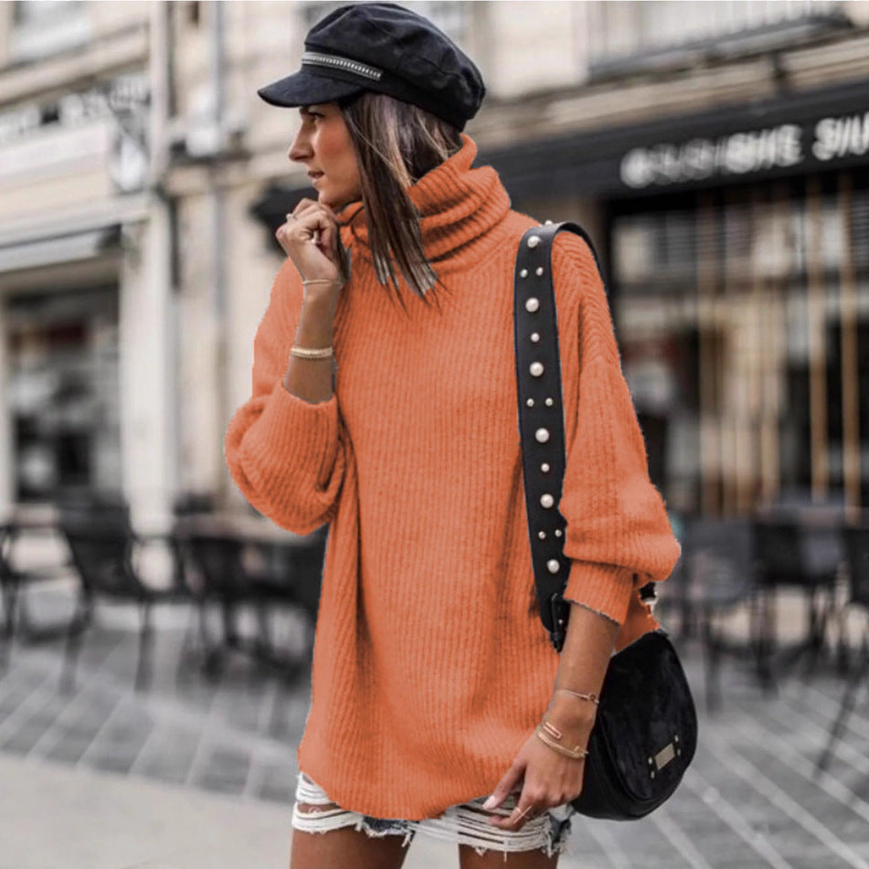 Damen Grobstrickpullover Hochkragen Elegante Knöpfe Norvielle