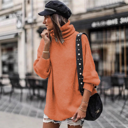 Damen Grobstrickpullover Hochkragen Elegante Knöpfe Norvielle