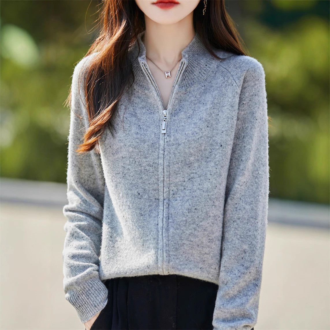 Damen Strickjacke Hochgeschlossen Reißverschluss Kuschelig Beige