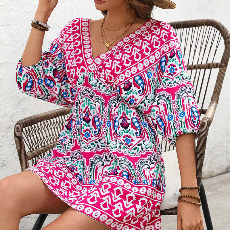 Damen Boho-Kleid Weite Ärmel Florales Muster Norvielle