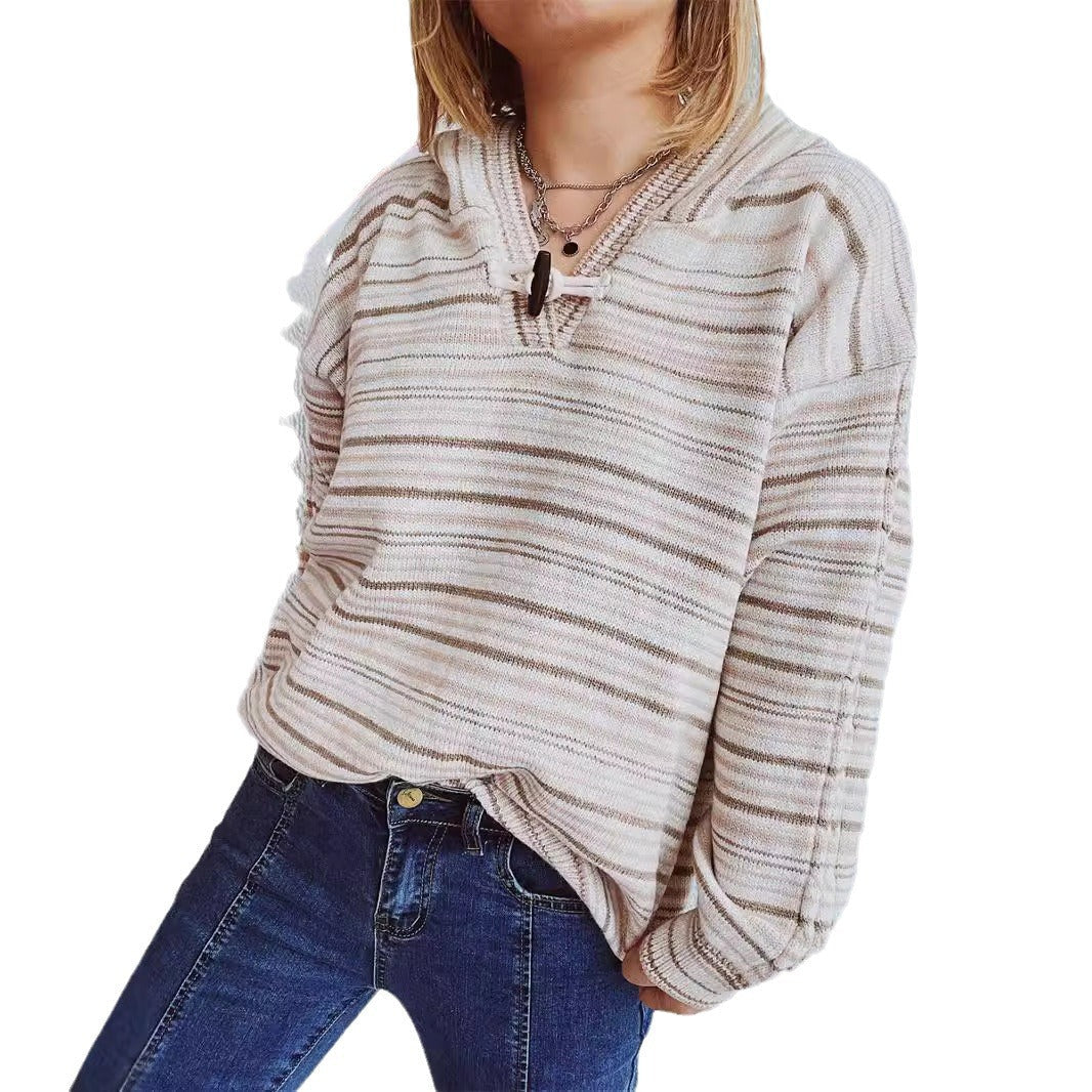 Damen Hoodie Gestreift Breite Ärmel Kordelzug Norvielle