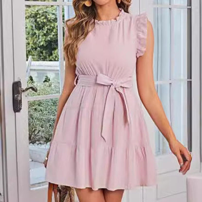 Damen Halbarmkleid Rüschendetails Taillenknoten Norvielle - Norvielle