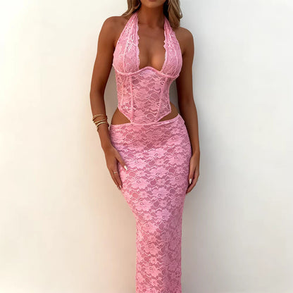 Damen Spitzenkleid Lang mit Ausschnitten und Raffinen Details