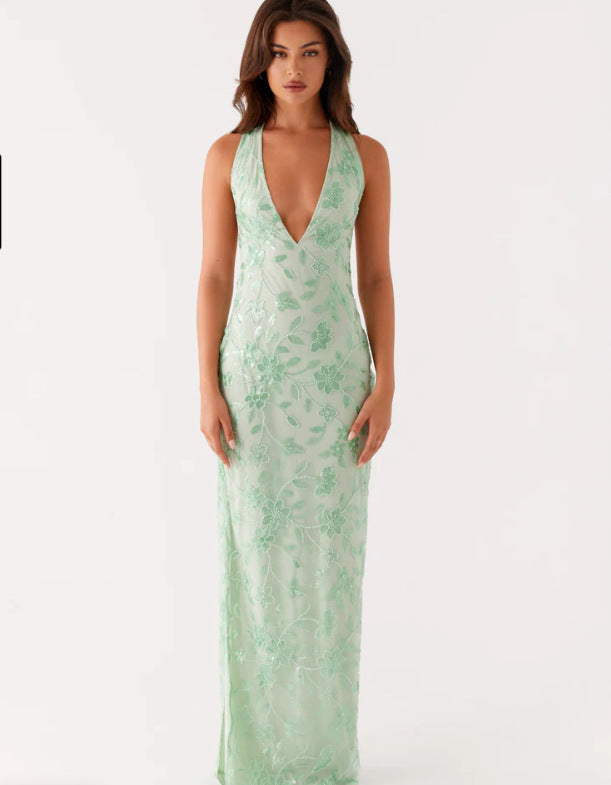 Damen Langarmkleid Spitze V-Ausschnitt Elegant Blumenmuster